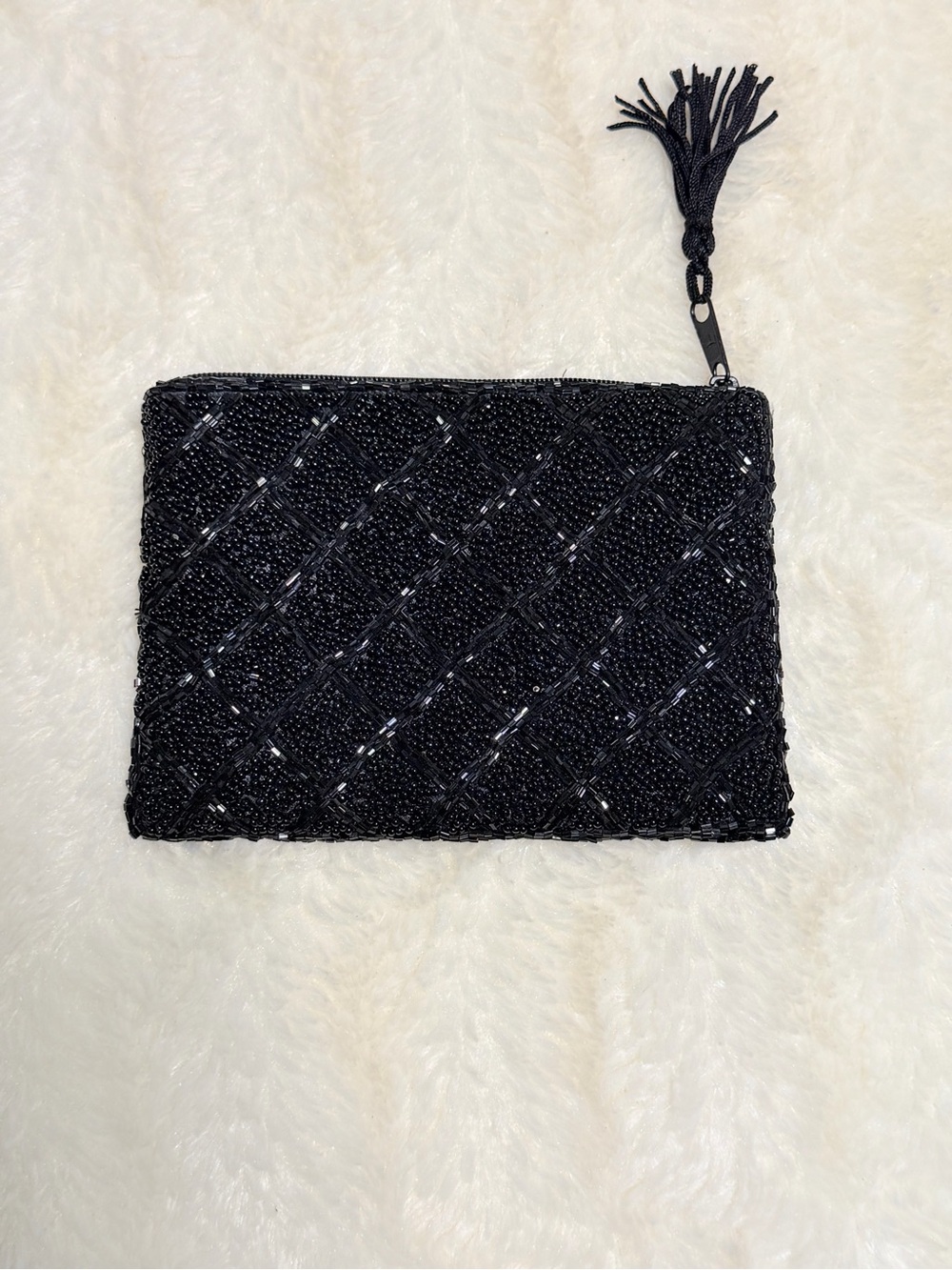 Lancome Small Evening Bag--Black Beaded Tassel Purse, Lined NEW!